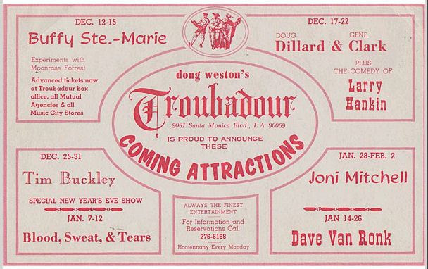 Handbill/Mailer advertising a series of shows at the Troubadour.  