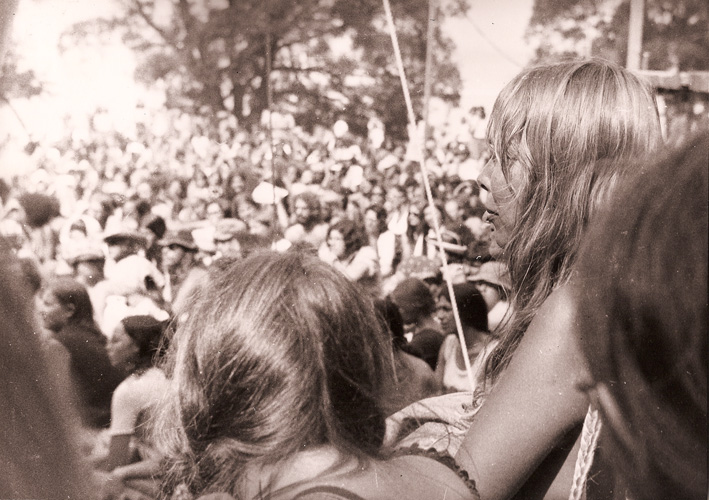 Joni at Mariposa in 1972, watching an impromptu performance by Neil Young (I remember him singing 'Sugar Mountain' as I took the photo).  [MartinColyer]