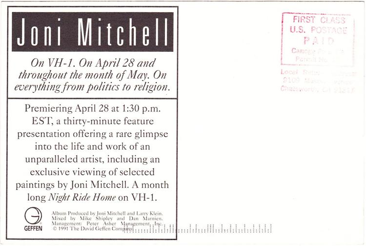 4"x6" Postcard back announcing the premiere on VH-1 April 28 1991.