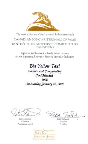 Parchment View of Award for<br><i>Big Yellow Taxi</i>  