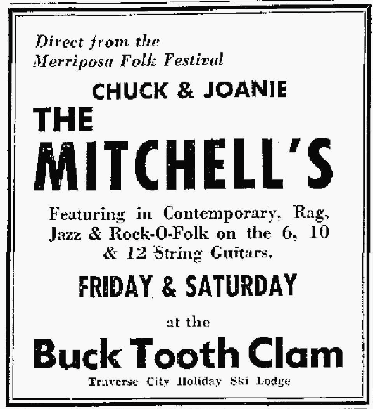 Local advertisement for the Mitchell's at the Buck Tooth Clam in Traverse City, MI. August 27 and 28, 1965 [mbueby]